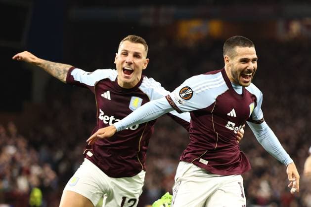 Emi Buendia of Aston Villa celebrates a goal 2-0. Aston Villa v Bologna, UEFA Europa League, Quarter Final, Second Leg, Football, Villa Park, Birmingham, UK - 16 Apr 2026Birmingham Villa Park United Kingdom EDITORIAL USE ONLY No use with unauthorised audio, video, data, fixture lists, club league logos or live services. Online in-match use limited to 120 images, no video emulation. No use in betting, games or single club league player publications.  Copyright: xRyanxBrowne Shutterstockx 16828672bu