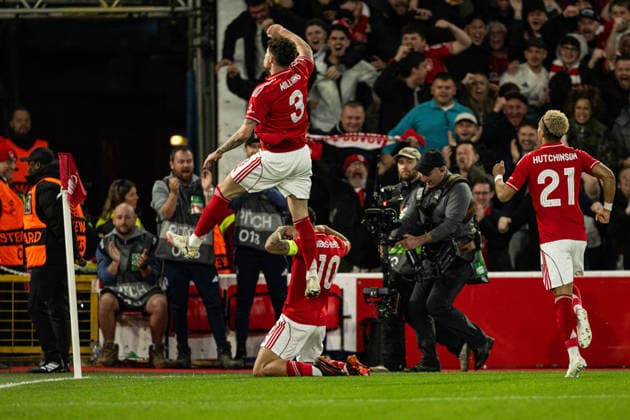 RECORD DATE NOT STATED 16th April 2026; The City Ground, Nottingham, England; UEFA Europa League Football, Nottingham Forest versus Porto; Morgan Gibbs-White of Nottingham Forest celebrates after scoring in the 12th minute to make the score 1-0 and 2-1 on aggregate GodfreyxPitt