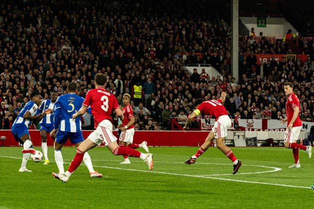 RECORD DATE NOT STATED 16th April 2026; The City Ground, Nottingham, England; UEFA Europa League Football, Nottingham Forest versus Porto; Morgan Gibbs-White of Nottingham Forest scores in the 12th minute to make the score 1-0 and 2-1 on aggregate GodfreyxPitt