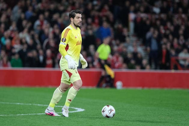 NOTTINGHAM, ENGLAND - APRIL 16: Stefan Ortega of Nottingham Forest on the ball during the UEFA Europa league quarter final football match between Nottingham Forest and FC Porto at City Ground on April 16, 2026 in Nottingham, England Copyright: xPaulxBonserx xSportsxPressxPhotox Sportspressphoto_SPR130971