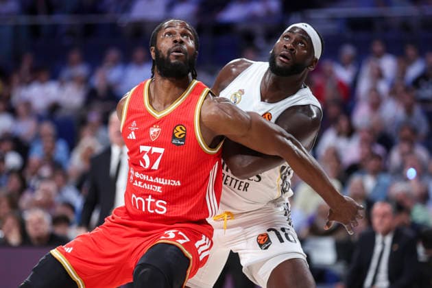 April 16, 2026, Madrid, Madrid, Spain: Semi Ojeleye of Crvena Zvezda and Usman Garuba of Real Madrid in action during the Turkish Airlines EuroLeague Regular Season Round 38 match between Real Madrid and Crvena Zvezda Meridianbet Belgrade at Movistar Arena on April 16, 2026, in Madrid, Spain. Madrid Spain - ZUMAa181 20260416_zaa_a181_273 Copyright: xIrinaxR.xHipolitox