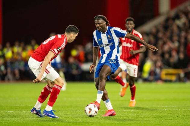 RECORD DATE NOT STATED 16th April 2026; The City Ground, Nottingham, England; UEFA Europa League Football, Nottingham Forest versus Porto; Terem Moffi of FC Porto looks to beat Jair Cunha of Nottingham Forest GodfreyxPitt