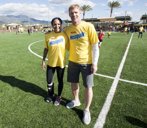 Jan. 31, 2015 - Lake Forest, California, USA - American soccer player for the US 1994 World Cup Team as well as Fox Sports Commentator, Alexi Lalas, came out to teach and guide young soccer players on Saturday, January 31, 2015 in Lake Forest, California. Lalas, now retired has had a significant role in organizing and supporting the development of American Professional Soccer including roles as general manager of several pro teams including the LA Galaxy.---American soccer champions Alexi Lalas and Sydney Leroux came out to give boy and girl soccer players from Region 85 a training tune up on their soccer skills at the Lake Forest Sports Park in Lake Forest on Saturday. In the photo, Sydney Leroux and Alexi Lalas stand together mid-field on Saturday. Copyright: xDavidxBrox
