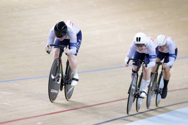 UCI Track World Cup: Hong Kong Picture by Alex Whitehead SWpix.com - 17 04 2026 - Cycling - UCI Track World Cup: Hong Kong - Hong Kong Velodrome, Tseung Kwan O, Hong Kong, China - Women™s Team Sprint - First Round - Kayla Hankins (USA), Emily Hayes (USA), Mandy Marquardt (USA) Hong Kong Hong Kong Velodrome Hong Kong SAR, CHINA Copyright: x xSWpix.comx(t axPhotographyxHubxLtd)xAlexxWhitehead SWpix.comx SWP-3030-12667