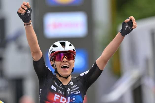 French Celia Gery of FDJ United-SUEZ celebrates after winning the women s Brabantse Pijl one day cycling race, 125,7km from Lennik to Overijse on Friday 17 April 2026. DAVIDxPINTENS  x171109449x