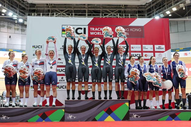 UCI Track World Cup: Hong Kong Picture by Alex Whitehead SWpix.com - 17 04 2026 - Cycling - UCI Track World Cup: Hong Kong - Hong Kong Velodrome, Tseung Kwan O, Hong Kong, China - Women™s Team Pursuit- Podium - Bryony Botha (New Zealand), Prudence Fowler (New Zealand), Emily Shearman (New Zealand), Ally Marà e Wollaston (New Zealand), Samantha Donnelly (New Zealand) receiving the Gold Medal, Jessica Roberts (Great Britain), Megan Barker (Great Britain), Madelaine Leech (Great Britain), Erin Boothman (Great Britain) receiving the Silver Medal and Marion Borras (France), Clà mence Chereau (France), Mà lanie Dupin (France), Ilona Rouat (France), Valentine Fortin (France) receiving the Bronze Medal Hong Kong Hong Kong Velodrome Hong Kong SAR, CHINA Copyright: x xSWpix.comx(t axPhotographyxHubxLtd)xAlexxWhitehead SWpix.comx SWP-3030-12715
