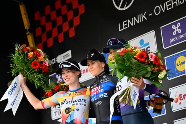 Brabantse Pijl - Fleche Brabanconne Women 2026 Cycling Race OVERIJSE, BELGIUM - APRIL 17 : Bredewold Mischa (NED) of Team SD Worx - Protime, Gery Celia (FRA) of FDJ United - SUEZ and Persico Silvia (ITA) of UAE Team ADQ pictured during the podium ceremony of the 11th edition of De Brabantse Pijl - La Fleche Brabanconne Women an UCI ProSeries 1.Pro one day cycling road race for Women Elite of 125 km with start in Lennik and finish in Overijse on April 17, 2026 in Overijse, Belgium, 17 04 2026 ( Motordriver Guy De Vuyst - Overijse Belgium  Copyright: xTomasxSiskx