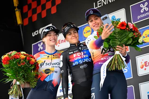 Brabantse Pijl - Fleche Brabanconne Women 2026 Cycling Race OVERIJSE, BELGIUM - APRIL 17 : Bredewold Mischa (NED) of Team SD Worx - Protime, Gery Celia (FRA) of FDJ United - SUEZ and Persico Silvia (ITA) of UAE Team ADQ pictured during the podium ceremony of the 11th edition of De Brabantse Pijl - La Fleche Brabanconne Women an UCI ProSeries 1.Pro one day cycling road race for Women Elite of 125 km with start in Lennik and finish in Overijse on April 17, 2026 in Overijse, Belgium, 17 04 2026 ( Motordriver Guy De Vuyst - Overijse Belgium  Copyright: xTomasxSiskx