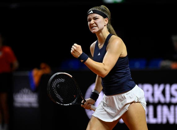 Karolina Muchova (CZE) Jubel Freude Emotion Tennis Damen Porsche-Cup Porsche Tennis Grand Prix GP Stuttgart 2026 Porsche Arena 11-19.04.2026 DFL REGULATIONS PROHIBIT ANY USE OF PHOTOGRAPHS AS IMAGE SEQUENCES AND OR QUASI-VIDEO Tennis Damen Porsche-Cup Porsche Tennis Grand Prix GP Stuttgart 2026