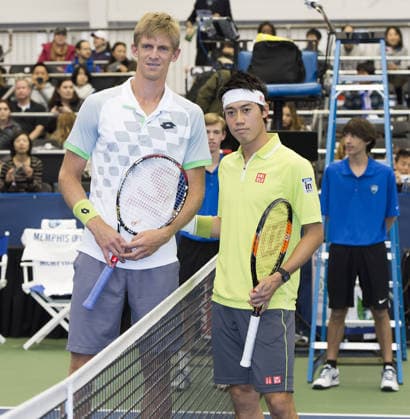 Feb. 15, 2015 - Memphis, TN, USA - Memphis, TN - February 15: Kei Nishikori(JPN) poses with Kevin Anderson(RSA) prior to the 2015 Memphis Open in Memphis, Tennesse. Photographer Andrew Patron. Copyright: xAndrewxPatronx
