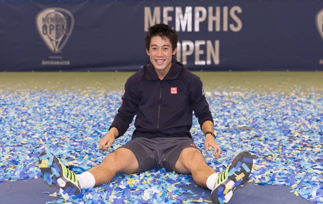 Feb. 15, 2015 - Memphis, TN, USA - Memphis, TN - February 15: Kei Nishikori(JPN) plays in the confetti after defeating Kevin Anderson(RSA) 64 64 at the 2015 Memphis Open in Memphis, Tennesse. Photographer Andrew Patron. Copyright: xAndrewxPatronx