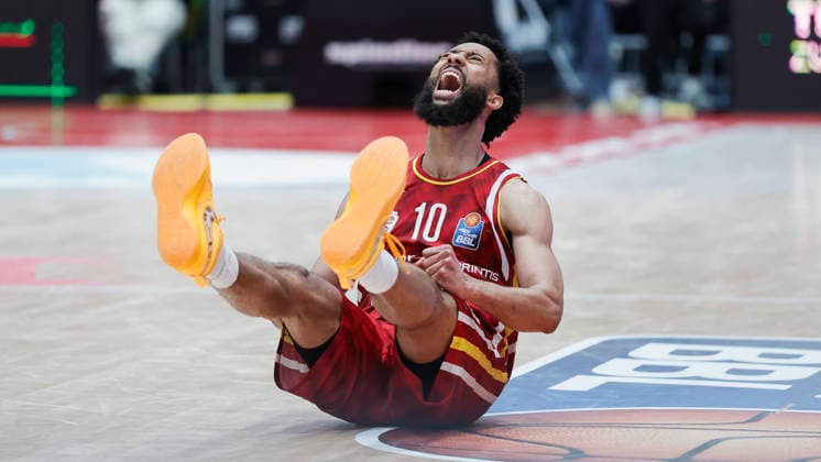 Im Bild: Jubel bei Davion Mintz (Wuerzburg Baskets, 10) 17.04.2026, Fitness First Wuerzburg Baskets vs. SKYLINERS Frankfurt, easyCredit BBL, 30. Spieltag, Deutschland, 97072, tectake-Arena Wuerzburg, Copyright: HMBxMedia xJulienxBecker