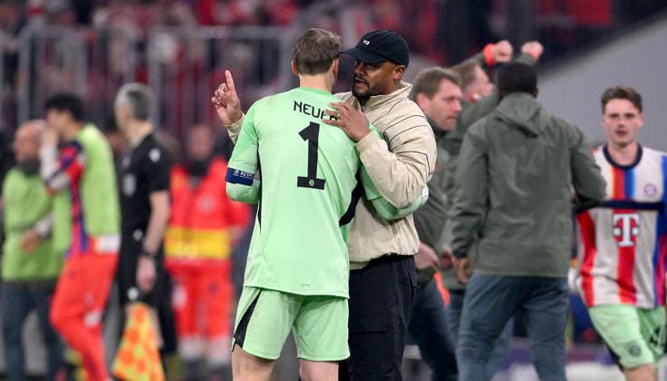 FUSSBALL CHAMPIONS LEAGUE SAISON 2025 2026 Viertelfinal Rueckspiel 15.04.2026 FC Bayern Muenchen - Real Madrid Torwart Manuel Neuer (li, FC Bayern Muenchen) mit Trainer Vincent Kompany (re, FC Bayern Muenchen) *** FOOTBALL CHAMPIONS LEAGUE SEASON 2025 2026 Quarter-final second leg 15 04 2026 FC Bayern Muenchen Real Madrid goalkeeper Manuel Neuer left, FC Bayern Muenchen with coach Vincent Kompany right, FC Bayern Muenchen