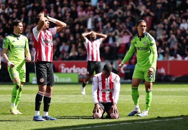 London, England, 18th April 2026. Dango Ouattara of Brentford looks on after a missed chance during the Brentford vs Fulham Premier League match at Gtech Community Stadium, London. Picture credit should read: David Klein Sportimage EDITORIAL USE ONLY. No use with unauthorised audio, video, data, fixture lists, club league logos or live services. Online in-match use limited to 120 images, no video emulation. No use in betting, games or single club league player publications. SPI_DK_031_Brentford_Fulham SPI-4698-0031