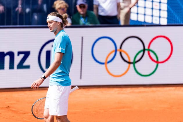 MUNICH, GERMANY - APRIL 18: Alexander Zverev (GER) during the BMW Open by Bitpanda Singles match between Alexander Zverev (GER) vs Flavio Cobolli (ITA) at MTTC Iphitos on April 18, 2026 in Munich, Germany. Olympic rings in the background. Bavaria Germany Copyright: xSteffiexWunderlx