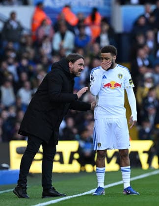 Manager Daniel Farke of Leeds United with Jayden Bogle Leeds United v Wolverhampton Wanderers, Premier League, Football, Elland Road, Leeds, UK - 18 Apr 2026Leeds Elland Road United Kingdom EDITORIAL USE ONLY No use with unauthorised audio, video, data, fixture lists, club league logos or live services. Online in-match use limited to 120 images, no video emulation. No use in betting, games or single club league player publications. Copyright: xGreigxCowie Shutterstockx 16832140t