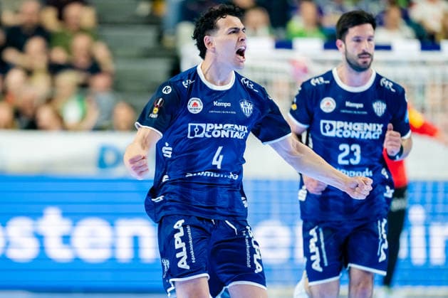 Köln, 18.04.2026, Handball, Herren, Lidl Final4, DHB Pokal, Halbfinale, TBV Lemgo Lippe - Füchse Berlin Samuel Zehnder (TBV Lemgo, 4) jubelt nach einem Treffer Köln Lanxess Arena NRW Germany