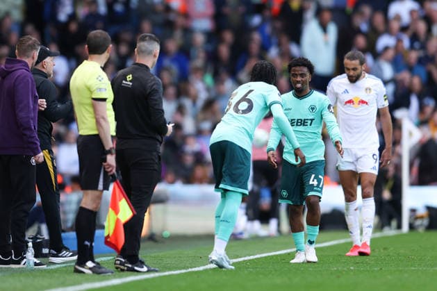 Leeds, England, 18th April 2026. Angel Gomes of Wolverhampton Wanderers is substituted off for teammate Mateus Mane during the Leeds United vs Wolverhampton Wanderers Premier League match at Elland Road, Leeds. Picture credit should read: Jessica Hornby Sportimage EDITORIAL USE ONLY. No use with unauthorised audio, video, data, fixture lists, club league logos or live services. Online in-match use limited to 120 images, no video emulation. No use in betting, games or single club league player publications. SPI_036_JH_LEEDS_UNITED_WOLVES SPI-4700-0036