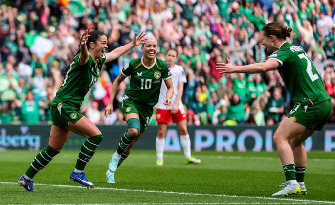 2027 FIFA Women s World Cup Qualifier, Aviva Stadium, Dublin 18 4 2026 Republic of Ireland vs Poland Ireland s Marissa Sheva celebrates with Emily Murphy after scoring her sides first goal of the match Marissa Sheva celebrates with Emily Murphy after scoring her sides first goal of the match 18 4 2026  Copyright: x INPHO RyanxByrnex RB2_7055