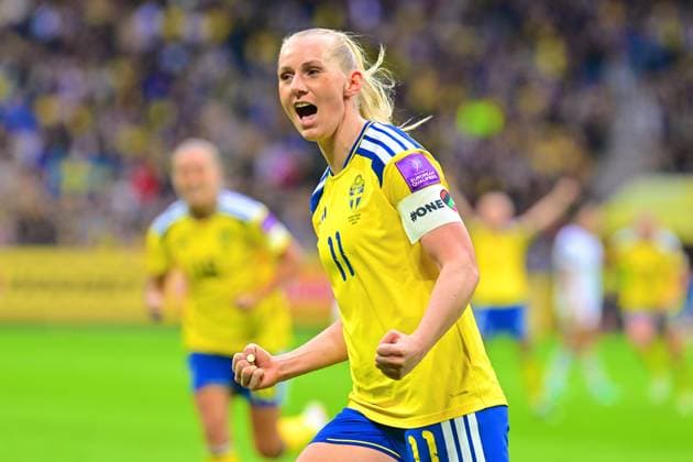 Strawberry Arena SOLNA, SWEDEN - APRIL 18: Stina Blackstenius of Sweden celebrates goal in the World Cup 2027 qualifier match between Sweden and Serbia at Strawberry Arena on April 18, 2026 in Solna, Sweden. (Peter Sonander SPP) Copyright: xPeterxSonander SPPx Sportspressphoto_SPR132145