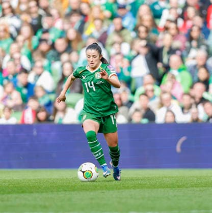 18th April 2026; Aviva Stadium, Dublin, Ireland; 2026 Womens World Cup Qualifier Football, Republic of Ireland versus Poland; Marissa Sheva of Ireland makes a run with the ball PeterxFitzpatrick
