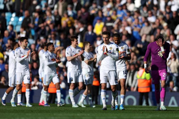 Leeds, England, 18th April 2026. Ethan Ampadu of Leeds United applauds the fans following the Leeds United vs Wolverhampton Wanderers Premier League match at Elland Road, Leeds. Picture credit should read: Jessica Hornby Sportimage EDITORIAL USE ONLY. No use with unauthorised audio, video, data, fixture lists, club league logos or live services. Online in-match use limited to 120 images, no video emulation. No use in betting, games or single club league player publications. SPI_054_JH_LEEDS_UNITED_WOLVES SPI-4700-0054