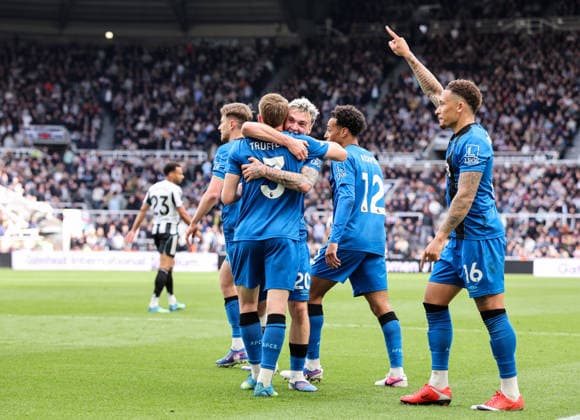 Bournemouth s Adrien Truffert celebrates scoring his side s second goal with Alex Jimenez Newcastle United v AFC Bournemouth, Premier League, Football, St James Park, Newcastle, UK - 18 Apr 2026Newcastle St James Park United Kingdom EDITORIAL USE ONLY No use with unauthorised audio, video, data, fixture lists, club league logos or live services. Online in-match use limited to 120 images, no video emulation. No use in betting, games or single club league player publications. Copyright: xAlexxDodd Shutterstockx 16832147av