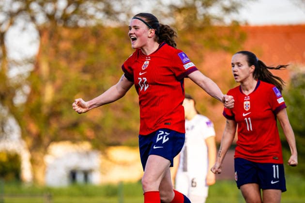 260418 Signe Gaupset of Norway celebrates after scoring the 2-3 goal during the FIFA Women s World Cup Qualifier football match between Slovenia and Norway on April 18, 2026 in Ptuj. Photo: Marius Simensen BILDBYRAN COP 238 MM0066 bbeng dam FIFA World Cup, WM, Weltmeisterschaft, Fussball qualifiers football fotball fotboll jubel landskamp norge norway slovenia slovenien soccer vm kvalik vm-kvalifisering kvinner Copyright: MARIUSxSIMENSEN BB260418ZW014