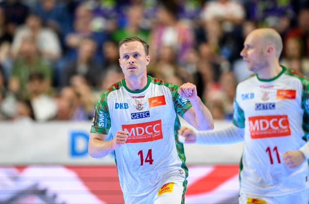 Jubel Omar Ingi MAGNUSSON (SCM) , Gestik. Halbfinale, Bergischer HC (BHC) - SC Magdeburg (SCM), am 18.04.2026 Handball DHB-Pokal Final4, vom 18.04 - 19.04.2026 in Koeln Deutschland. Lanxess Arena