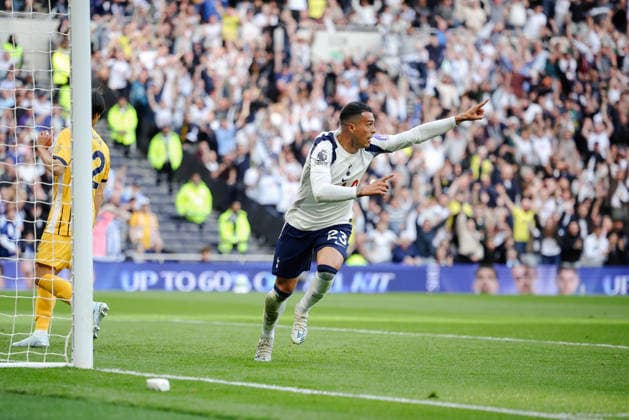 Premier League 2025 26 Tottenham Hotspur v Brighton and Hove Albion Tottenham Hotspur Stadium 18.04.2026 Pedro Porro of Tottenham Hotspur scores and celebrates 1-0 Premier League 2025 26 Tottenham Hotspur v Brighton and Hove Albion Tottenham Hotspur Stadium 18.04.2026 Photograph By Marc Aspland The Times  Copyright: xMarcxAsplandx NINTCHDBPICT001074489941
