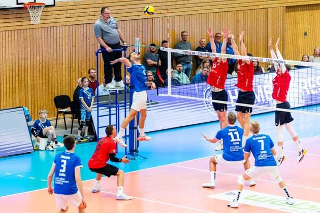 18.04.2026, GER, Volleyball, 2.BL Maenner Sued PlayOff (Best of 2 mit Golden Set), Saison 2025 2026, Blue Volleys Gotha - Enervigo Volleys Dresden Dominik Duchac (Blue Volleys Gotha) 99867 Gotha Sporthalle Sportanlage Ernesti Thüringen Deutschland