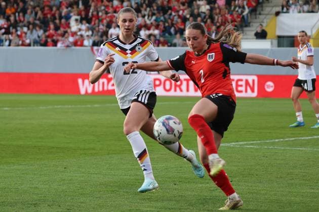 18.04.2026, Ried im Innkreis, AUT, Unterwegs in Oberösterreich, Fußball, FIFA WM-QualiÂfiÂkation Frauen, ÖsterÂreich vs DeutschÂland, im Bild Jule Brand, DFB, Chiara D Angelo, AUT,