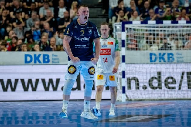 Köln, 18.04.2026, Handball, Herren, Lidl Final4, DHB Pokal, Halbfinale, Bergischer HC - SC Magdeburg Noah Beyer (Bergischer HC, 2) jubelt nach einem Treffer Köln Lanxess Arena NRW Germany