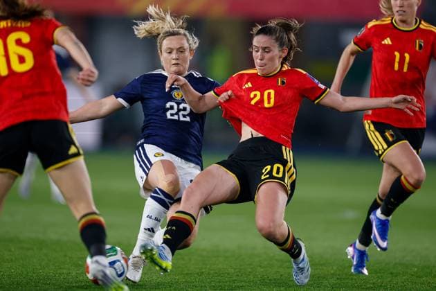 Erin Cuthbert of Scotland Women and Marie Detruyer of Belgium Women compete for the ball Belgium Women v Scotland Women, FIFA 2027 Women s World Cup Qualifying, Football, The King Power At Den Dreef Stadium, Leuven, Belgium - 18 Apr 2026Leuven The King Power At Den Dreef Stad Belgium EDITORIAL USE ONLY No use with unauthorised audio, video, data, fixture lists, club league logos or live services. Online in-match use limited to 120 images, no video emulation. No use in betting, games or single club league player publications. Copyright: xMauricexvanxSteen Shutterstockx 16832024h
