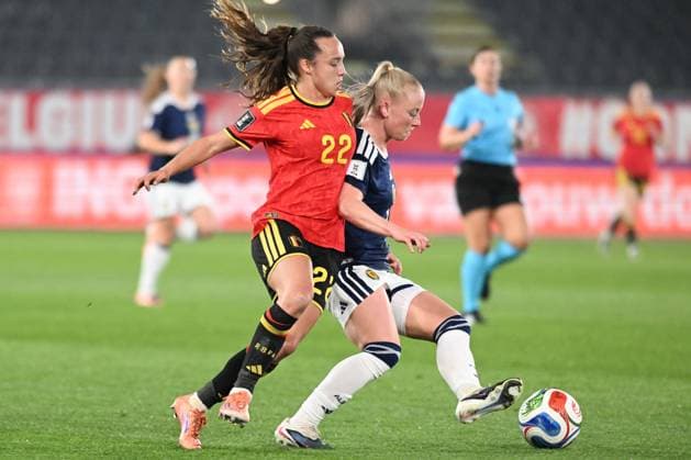 Belgium s Jasmien Mathys and Scotland s Freya Gregory pictured in action during a soccer game between Belgium s national women s team the Red Flames and Scotland, on Saturday 18 April 2026 in Leuven, in the fourth of six games of the qualifiers for the 2027 FIFA Women s World Cup. JILLxDELSAUX  x171262895x