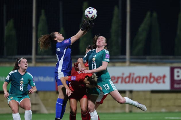 Giulia D Antuono, goalkeeper of Malta is in action against Leyla McFarland of Northern Ireland during the FIFA Women™s World Cup 2027 European qualifiers League B, Group B2 soccer match between Malta and Nothern Ireland at the Centenary Stadium, Ta™ Qali, Malta on 18 April 2026. Women™s European Qualifiers - Malta v Northern Ireland