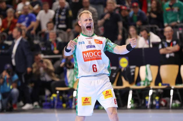 18.04.2026, xgox, Handball - DHB Pokal 1 2 Finale Bergischer HC - SC Magdeburg emspor, v.l. Matthias Musche (Magdeburg, 6) Jubel, Torjubel, jubelt ueber das Tor, celebrate the goal, celebration Koeln
