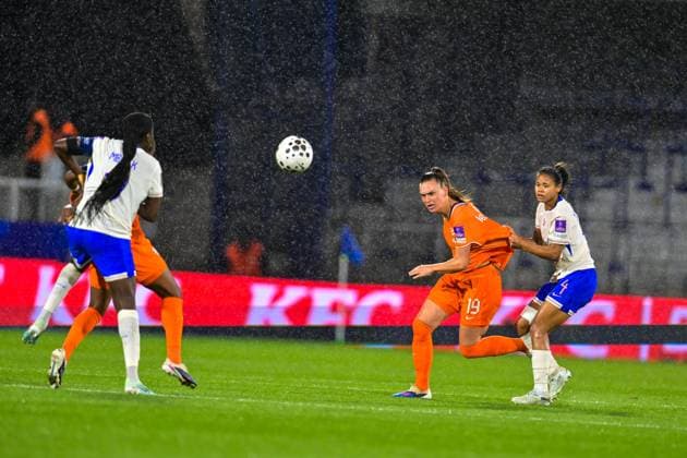 AUXERRE , 18-04-2026 , Stade de l Abbe-Deschamps , Season 2025 2026 , UEFA worldcup qualification football , match between France and The Netherlands (women) , picture shows Netherlands player Romee Leuchter France - Netherlands (women)  x203134543x Copyright: