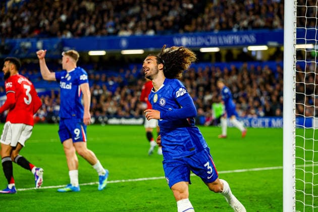 Chelsea v Manchester United, ManU Premier League Marc Cucurella (3) of Chelsea reacts to a near miss during the Premier League match between Chelsea and Manchester United at Stamford Bridge, London, UK on 18 April 2026. Editorial use only DataCo restrictions apply See www.football-dataco.com , Copyright: xNigelxKeenex PSI-24104-0040