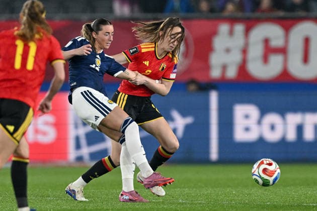 20260418 BELGIUM VS SCOTLAND Kathleen McGovern (11) of Scotland fighting for the ball with Sari Kees (2) of Belgium during a women football game between the national teams of Belgium, called the Red Flames and Scotland on the 4th matchday in the league phase of the Uefa Womens Qualifiers, on Saturday 18 April 2026 in Leuven , BELGIUM . Photo Sportpix David Catry Leuven BELGIUM  Copyright: xDavidxCatryx 20260418DC2_4000