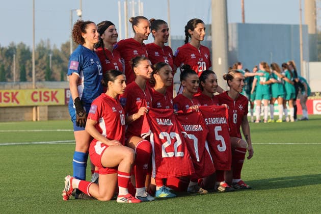 Malta players pose for a team photo ahead of the FIFA Women™s World Cup 2027 European qualifiers League B, Group B2 soccer match between Malta and Nothern Ireland at the Centenary Stadium, Ta™ Qali, Malta on 18 April 2026. Women™s European Qualifiers - Malta v Northern Ireland