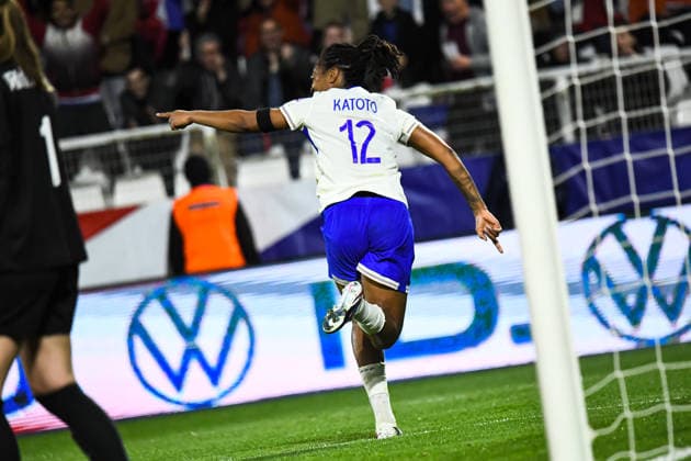 FOOTBALL : France Feminine vs Pays Bas Feminine - Qualidicaion coupe du monde - 4e journÃ e - 18 04 2026 Joie des joueuses de l™equipe de france aprÃ s le but de Marie Antoinette Katoto (France) AuxerreFrance  Copyright: xBaptistexAutissierx