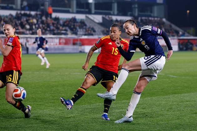 Caroline Weir of Scotland Women shoots at goal Belgium Women v Scotland Women, FIFA 2027 Women s World Cup Qualifying, Football, The King Power At Den Dreef Stadium, Leuven, Belgium - 18 Apr 2026Leuven The King Power At Den Dreef Stad Belgium EDITORIAL USE ONLY No use with unauthorised audio, video, data, fixture lists, club league logos or live services. Online in-match use limited to 120 images, no video emulation. No use in betting, games or single club league player publications. Copyright: xMauricexvanxSteen Shutterstockx 16832024bd