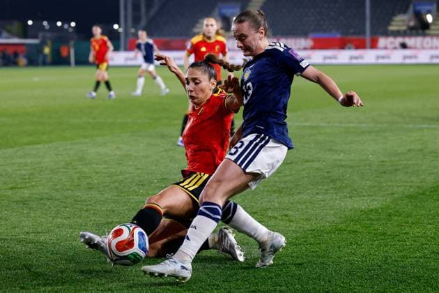 Kirsty Howat of Scotland Women crosses the ball Belgium Women v Scotland Women, FIFA 2027 Women s World Cup Qualifying, Football, The King Power At Den Dreef Stadium, Leuven, Belgium - 18 Apr 2026Leuven The King Power At Den Dreef Stad Belgium EDITORIAL USE ONLY No use with unauthorised audio, video, data, fixture lists, club league logos or live services. Online in-match use limited to 120 images, no video emulation. No use in betting, games or single club league player publications. Copyright: xMauricexvanxSteen Shutterstockx 16832024bk