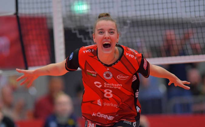 18.04.2026, Jubel Dresdens Jette Kuipers, Volleyball, Damen, Finalrunde, Dresdner SC - VfB Suhl, (c) Dresden