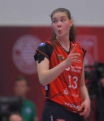 18.04.2026, Dresdens Florentine Rosemann staunt, Volleyball, Damen, Finalrunde, Dresdner SC - VfB Suhl 2:3, (c) Dresden