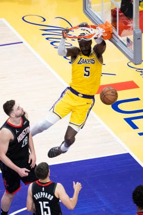 April 18, 2026, Los Angeles, California, USA: Los Angeles Lakers DEANDRE AYTON (5) dunks against the Houston Rockets during Game 1 of a first-round NBA, Basketball Herren, USA playoff series at Crypto.com Arena on Saturday in Los Angeles. Los Angeles USA - ZUMAc68_ 20260418_zaf_c68_031 Copyright: xRingoxChiux