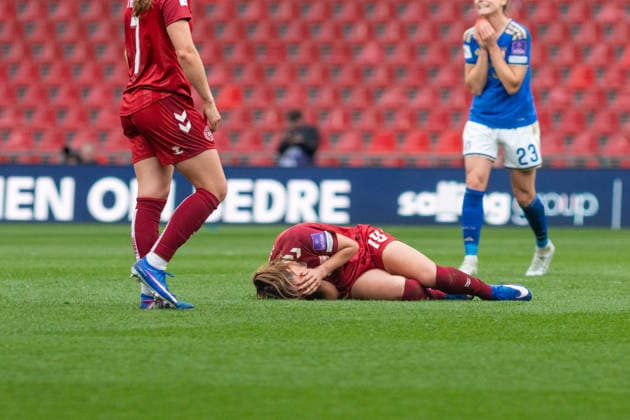 Denmark v Italy - FIFA Women s World Cup 2027 Qualifier Cecilie Floe of Denmark lies on the ground during the 2027 FIFA Women s World Cup Qualifier between Denmark and Italy at Parken Stadium in Copenhagen, Denmark, on April 18, 2026. Copenhagen Denmark  Copyright: xKristianxTuxenxLadegaardxBergx originalFilename:berg-denmarkv260418_npVjx.jpg