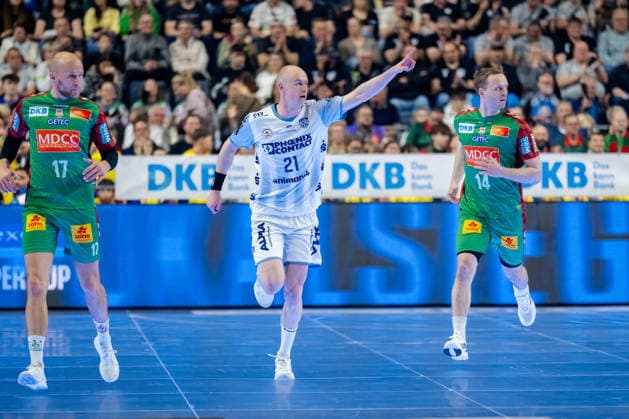 Köln, 19.04.2026, Handball, Herren, Lidl Final4, DHB Pokal, Spiel um Platz 3, TBV Lemgo Lippe - SC Magdeburg Leve Carstensen (TBV Lemgo, 21) jubelt nach einem Treffer Köln Lanxess Arena NRW Germany