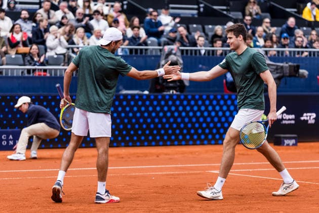 MUNICH, GERMANY - APRIL 19: Jakob Schnaitter (GER) Mark Wallner (GER) high five during the BMW Open by Bitpanda Doubles match between Jakob Schnaitter (GER) Mark Wallner (GER) vs Theo Arribage (FRA) Albano Olivetti (FRA) at MTTC Iphitos on April 19, 2026 in Munich, Germany. Bavaria Germany Copyright: xSteffiexWunderlx